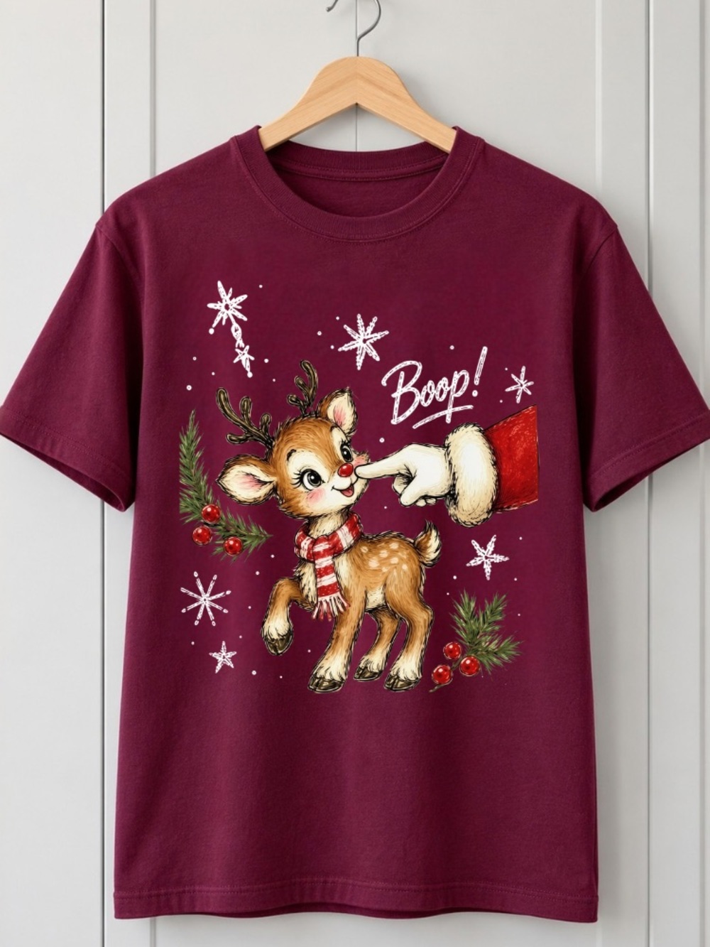 Boop Reindeer Santa Christmas Snowflake Vintage Maroon T-Shirt